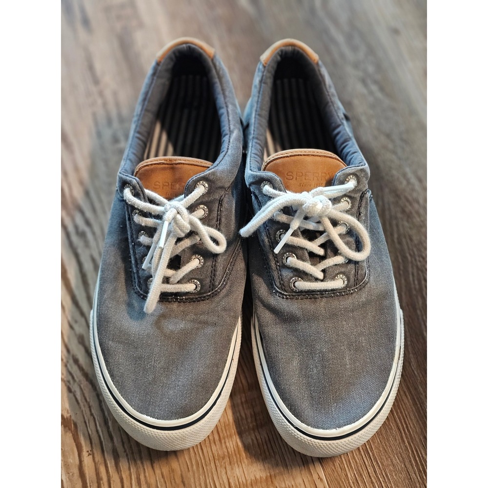 Sperry Mens Striper II CVO Gray Canvas Sneakers Leather Trim STS22044 Size 10.5